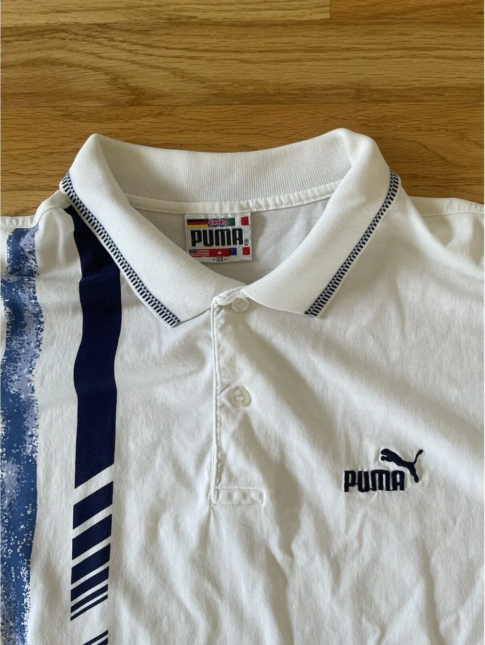 Puma 90S Tennis Polo Shirt Rare Size Large white W Blue Stripes